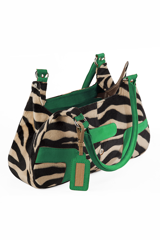 Safari black and emerald green women's dress handbag, matching pumps and belts. Top view - Florence KOOIJMAN